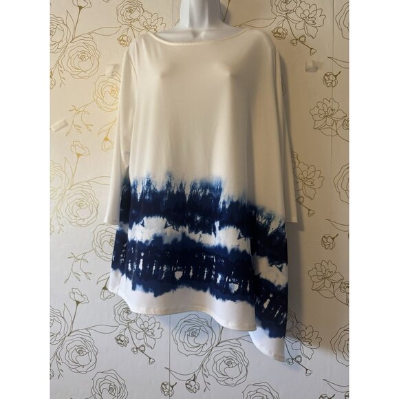 Chicos Top  Blouse Size XL Asymmetrical Tie Dye Top Boat Neck Slinky Jersey 078 - Picture 2 of 6
